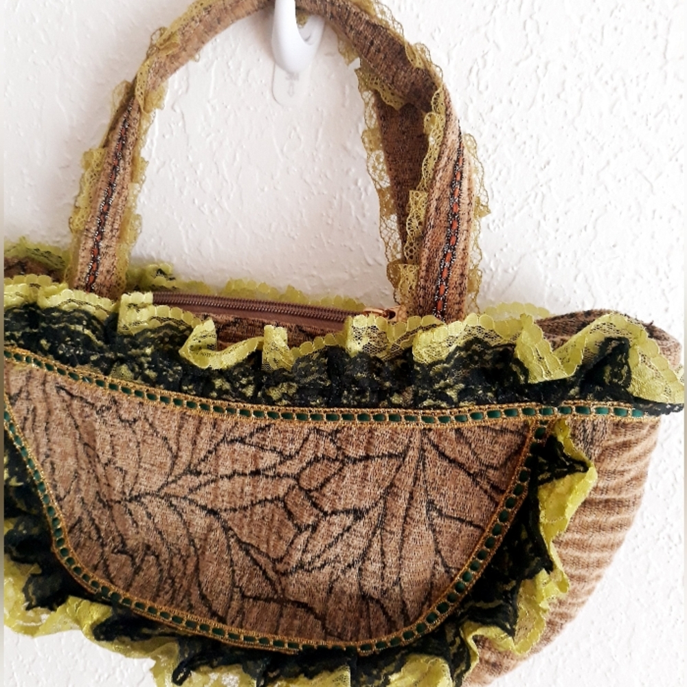 Embellished Whimsical Floral Tapestry Bag - Victorian Style Ruffle Hand Bag - Picture 14 of 16